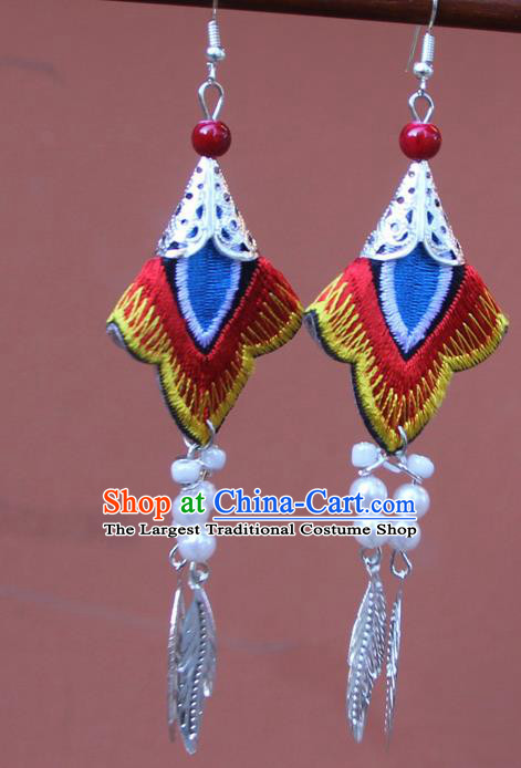 Chinese Traditional Embroidered Red Earrings Yunnan National Tassel Eardrop for Women