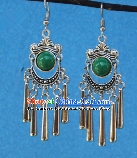 Chinese Traditional Sliver Green Earrings Yunnan National Minority Tassel Eardrop for Women