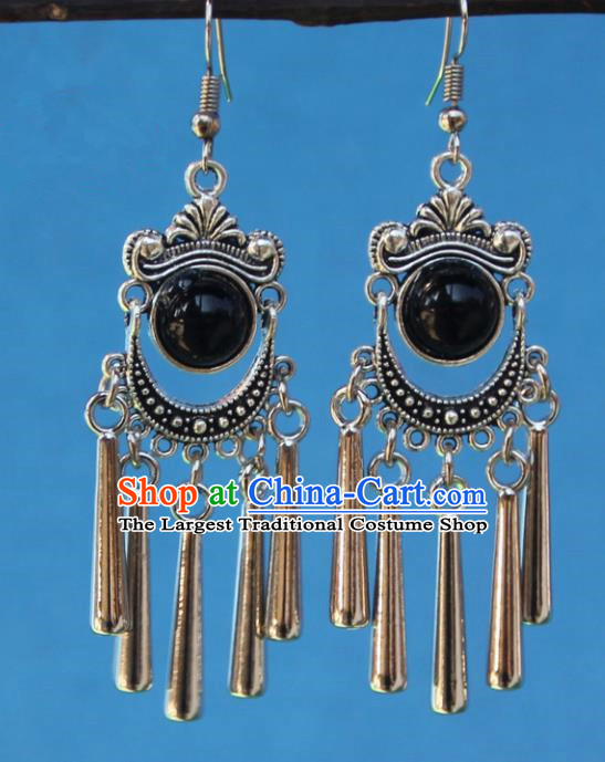 Chinese Traditional Sliver Black Earrings Yunnan National Minority Tassel Eardrop for Women