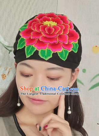 Chinese Traditional Embroidered Peony Headscarf Yunnan Dai Minority Hat for Women
