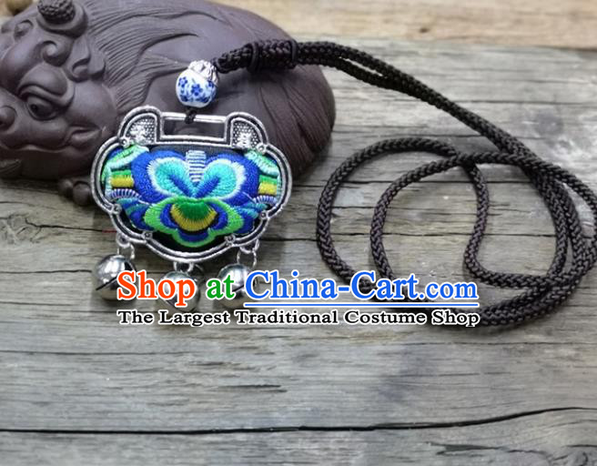 Chinese Traditional Accessories Yunnan Minority Necklace Embroidered Royalblue Butterfly Longevity Lock for Women