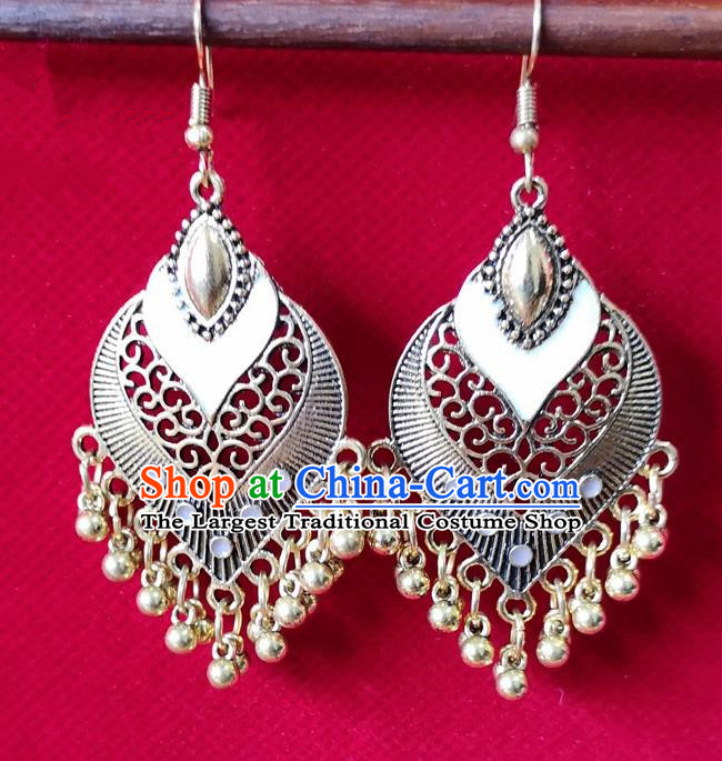 Chinese Traditional Bells Tassel Earrings Yunnan National Minority White Inlay Ear Accessories for Women