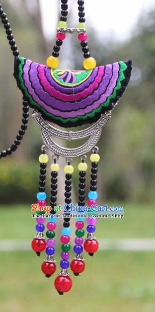 Chinese Traditional Accessories Yunnan Minority Purple Embroidered Beads Tassel Necklace for Women