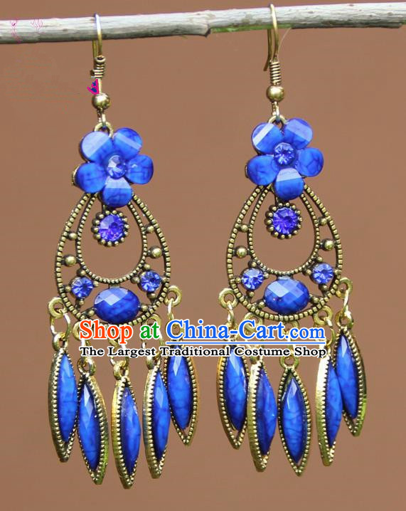 Chinese Traditional Royalblue Flower Earrings Yunnan National Minority Ear Accessories for Women