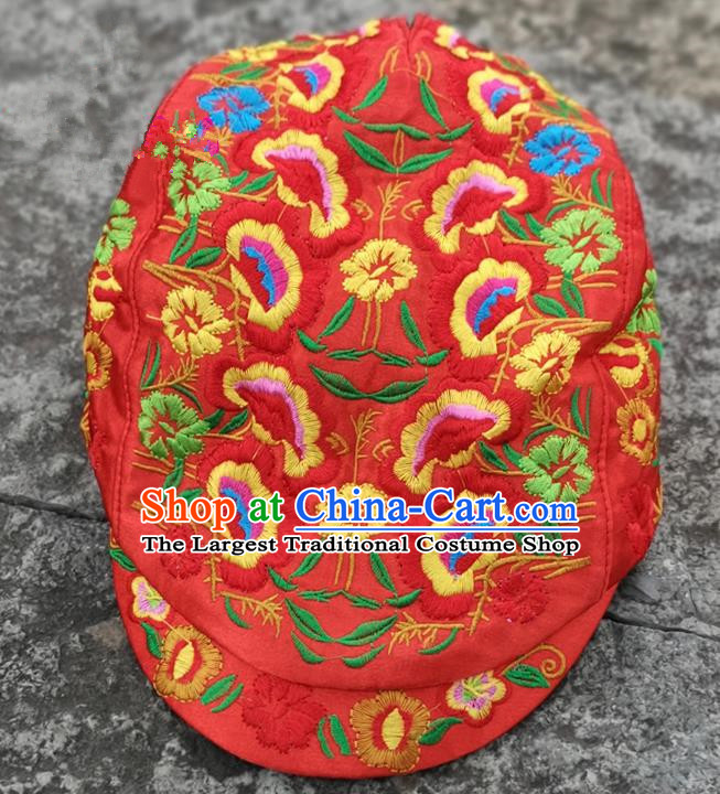 Chinese Traditional Embroidered Yunnan Dai Minority Red Cap for Women