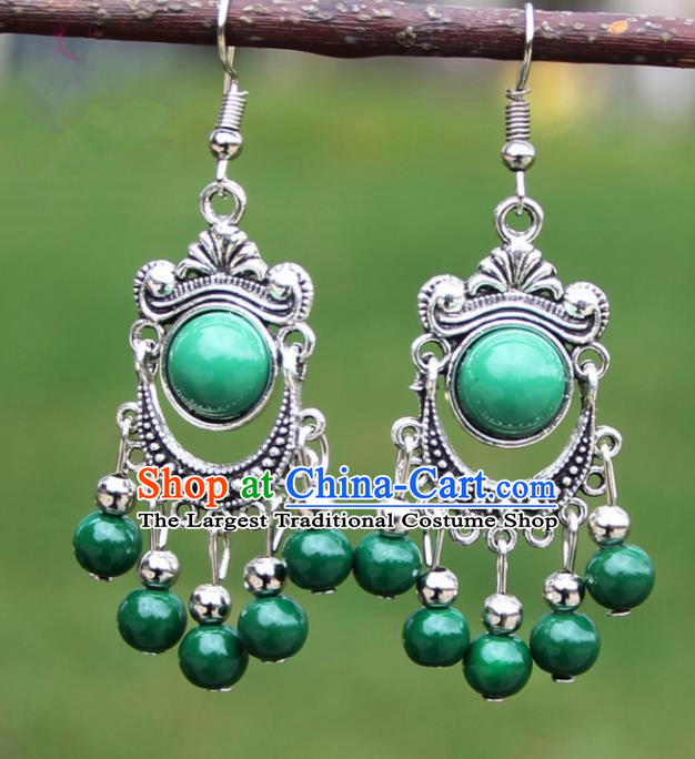 Chinese Traditional Green Beads Tassel Earrings Yunnan National Minority Ear Accessories for Women