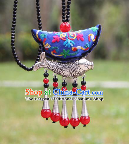 Chinese Traditional Accessories Yunnan Minority Embroidered Blue Sliver Fish Necklace for Women