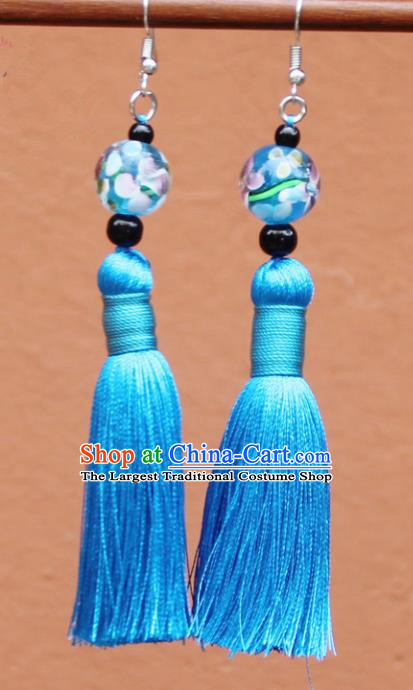 Chinese Traditional Blue Tassel Earrings Yunnan National Minority Colored Glaze Eardrop for Women