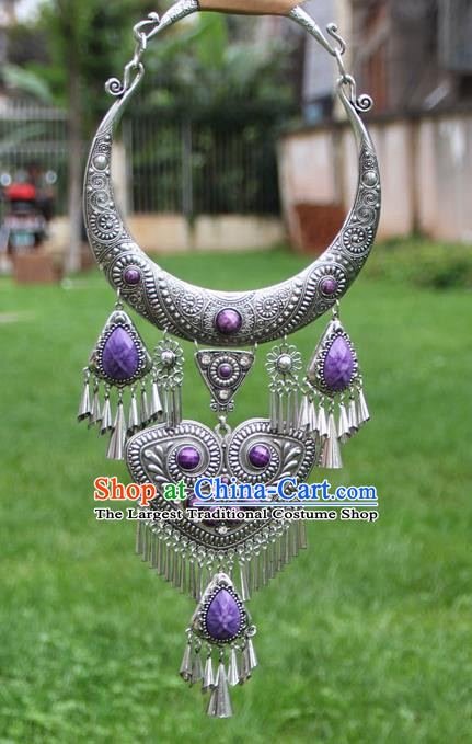 Chinese Traditional Yunnan Miao Minority Carving Sliver Purple Necklace Ethnic Tassel Accessories for Women