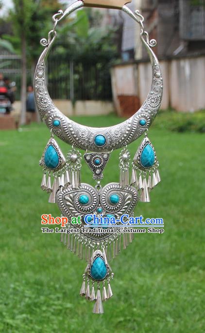Chinese Traditional Yunnan Miao Minority Carving Sliver Blue Necklace Ethnic Tassel Accessories for Women