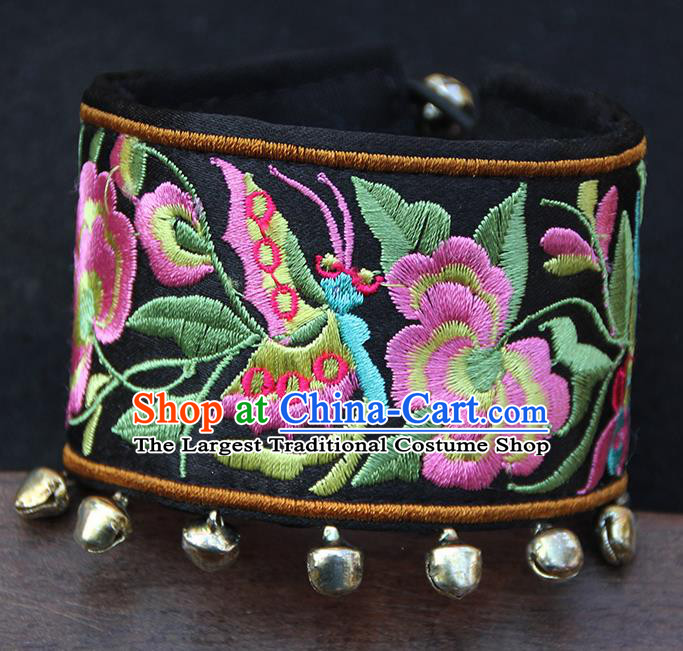 Chinese Traditional Ethnic Wrist Accessories Miao Nationality Embroidered Black Bracelet for Women