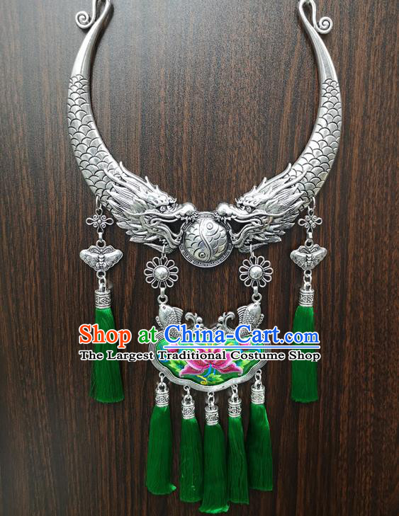 Chinese Traditional Minority Carving Dragons Embroidered Green Necklace Ethnic Folk Dance Accessories for Women