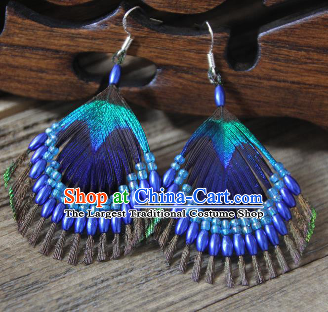 Chinese Traditional Ethnic Royalblue Beads Feather Earrings National Ear Accessories for Women