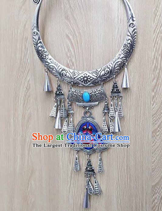 Chinese Traditional Minority Embroidered Blue Carving Necklace Ethnic Folk Dance Accessories for Women