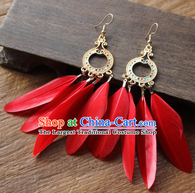 Chinese Traditional Ethnic Red Feather Earrings National Ear Accessories for Women
