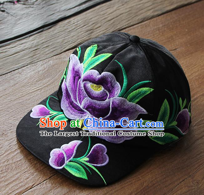 Chinese Traditional Embroidered Purple Peony Baseball Cap Yunnan Minority Black Hat for Women