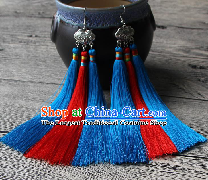Chinese Traditional Ethnic Red and Blue Tassel Earrings National Longevity Lock Ear Accessories for Women