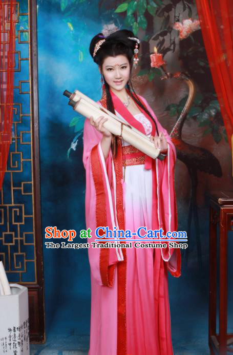 Chinese Tang Dynasty Palace Princess Rosy Hanfu Dress Ancient Peri Embroidered Historical Costumes for Women