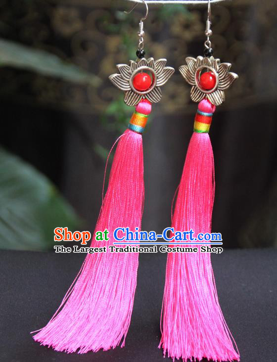 Chinese Traditional Ethnic Pink Tassel Lotus Earrings National Ear Accessories for Women