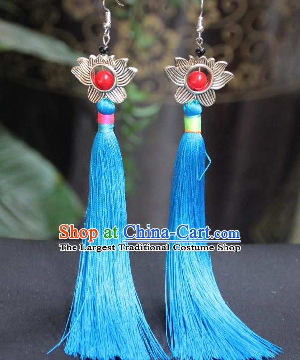 Chinese Traditional Ethnic Blue Tassel Lotus Earrings National Ear Accessories for Women