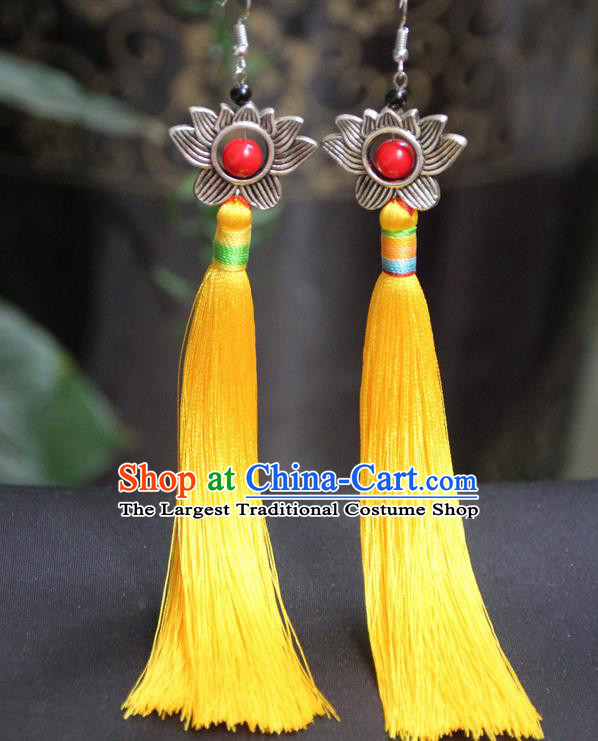 Chinese Traditional Ethnic Yellow Tassel Lotus Earrings National Ear Accessories for Women