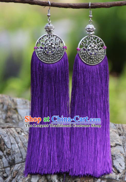 Chinese Traditional Ethnic Bride Earrings National Purple Tassel Ear Accessories for Women