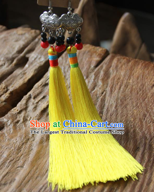 Chinese Traditional Ethnic Yellow Tassel Longevity Lock Earrings National Ear Accessories for Women