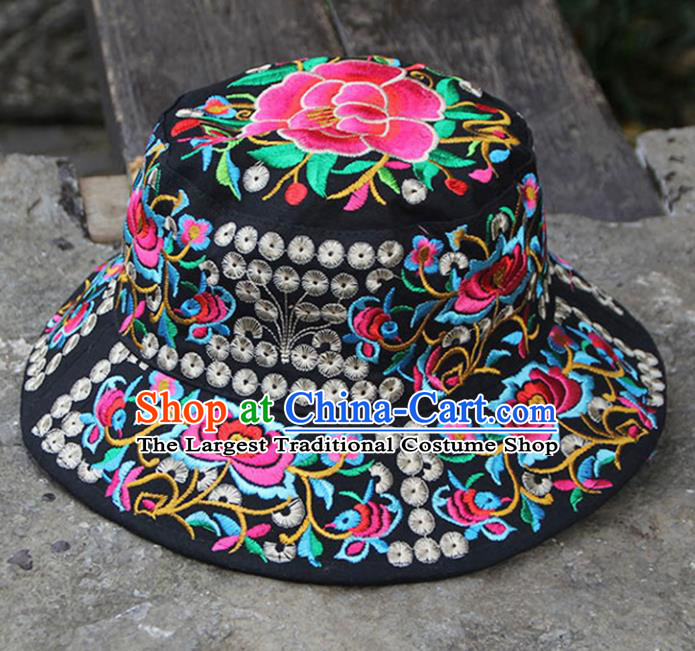 Chinese Traditional National Handmade Embroidered Peony Black Hat for Women