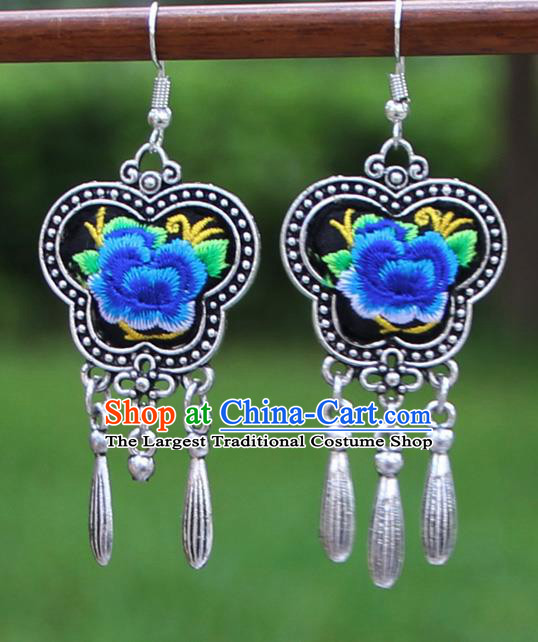 Chinese Traditional National Handmade Embroidered Blue Peony Earrings for Women
