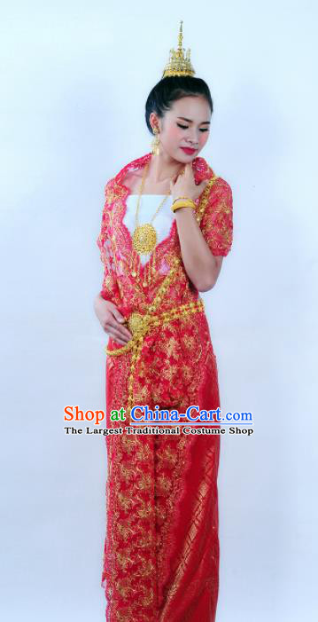 Asian Traditional Thailand Costumes National Handmade Embroidered Red Dress for Women
