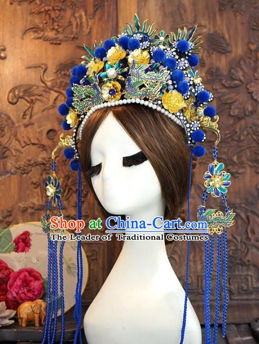 Chinese Handmade Classical Hairpins Hair Accessories Ancient Blue Tassel Phoenix Coronet for Women