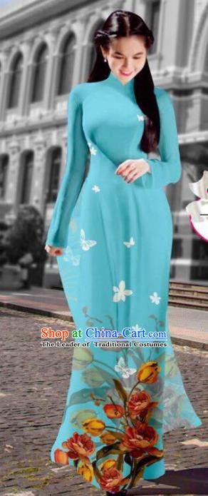 Asian Vietnam Costume Vietnamese Trational Dress Printing Light Blue Ao Dai Cheongsam Clothing for Women