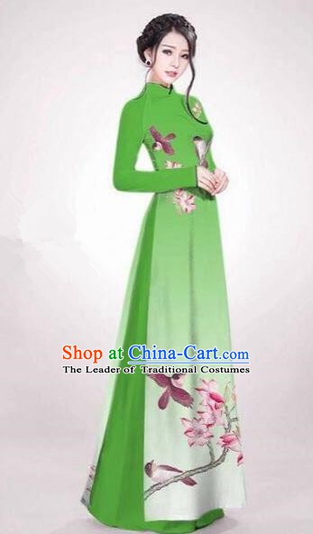 Asian Vietnam Palace Costume Vietnamese Trational Dress Painting Flowers Bird Green Ao Dai Cheongsam Clothing for Women