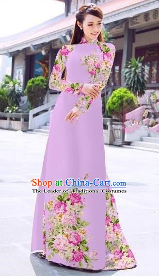Asian Vietnam Palace Costume Vietnamese Trational Dress Printing Lilac Ao Dai Cheongsam Clothing for Women