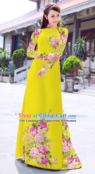 Asian Vietnam Palace Costume Vietnamese Trational Dress Printing Yellow Ao Dai Cheongsam Clothing for Women