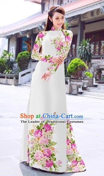 Asian Vietnam Palace Costume Vietnamese Trational Dress Printing White Ao Dai Cheongsam Clothing for Women