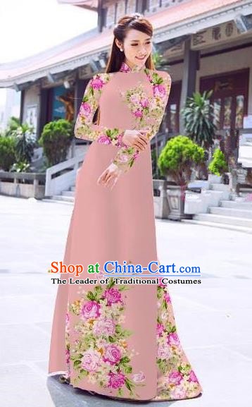 Asian Vietnam Palace Costume Vietnamese Trational Dress Printing Pink Ao Dai Cheongsam Clothing for Women