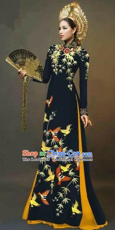 Asian Vietnam National Costume Vietnamese Trational Dress Printing Bamboo Black Ao Dai Cheongsam for Women