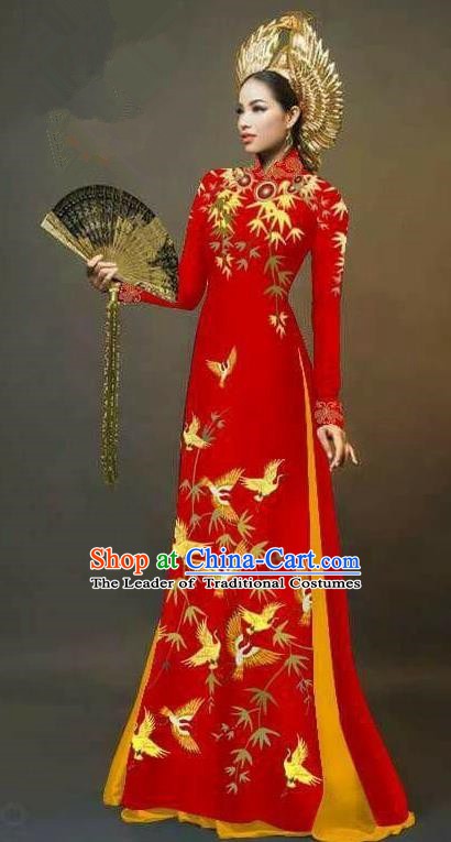 Asian Vietnam National Costume Vietnamese Trational Dress Printing Bamboo Red Ao Dai Cheongsam for Women