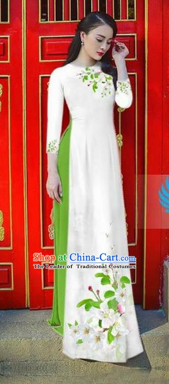 Asian Vietnam National Costume Vietnamese Bride Trational Dress Printing Flowers White Ao Dai Cheongsam for Women
