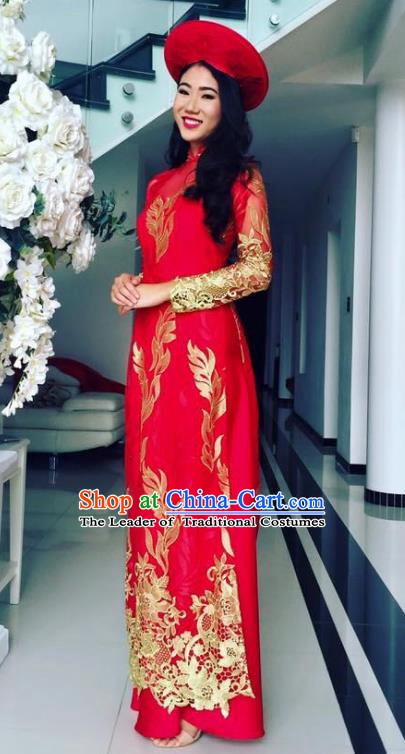 Asian Vietnam Costume Vietnamese Bride Trational Red Embroidered Ao Dai Cheongsam Dress and Hats for Women