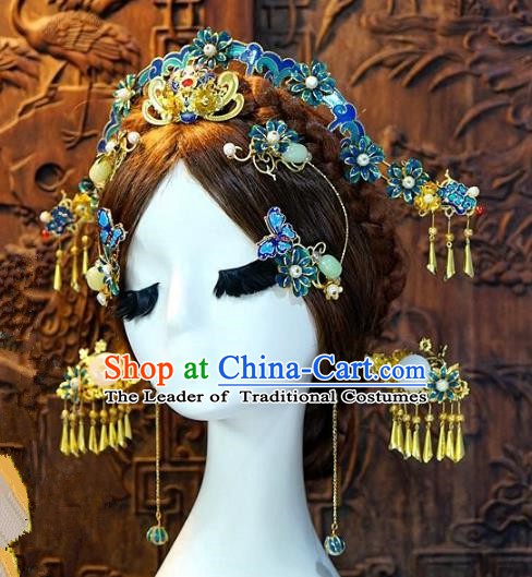 Chinese Handmade Classical Xiuhe Hair Accessories Luxurious Phoenix Coronet Ancient Cloisonne Hairpins for Women