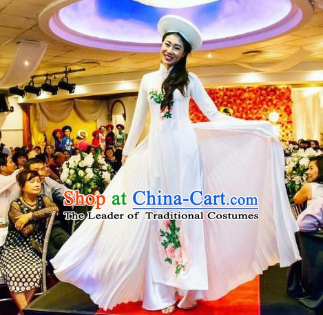Asian Vietnam Costume Vietnamese Bride Trational Stage Performance Printing Flowers White Ao Dai Cheongsam Dress for Women