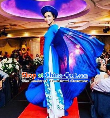 Asian Vietnam Costume Vietnamese Bride Trational Stage Performance Printing Flowers Blue Ao Dai Cheongsam Dress for Women