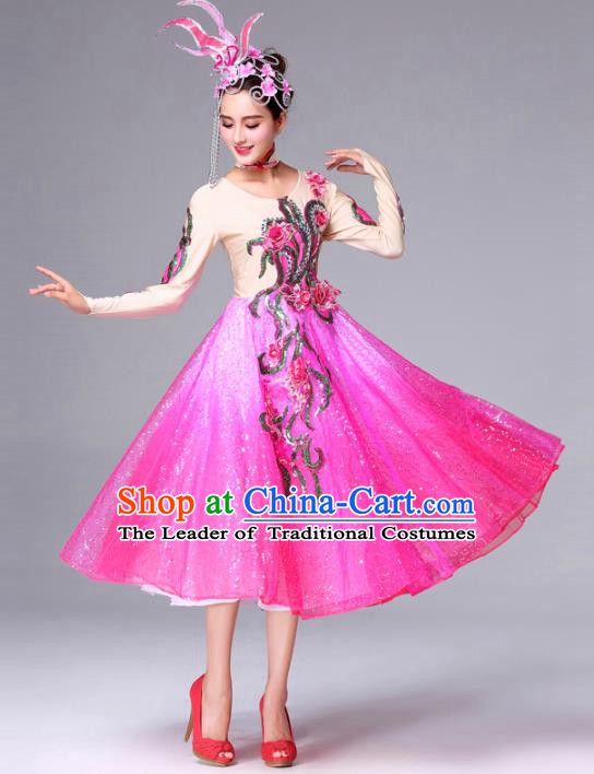 Traditional Chinese Yangge Fan Dance Costume, Folk Dance Yangko Classical Dance Pink Dress for Women