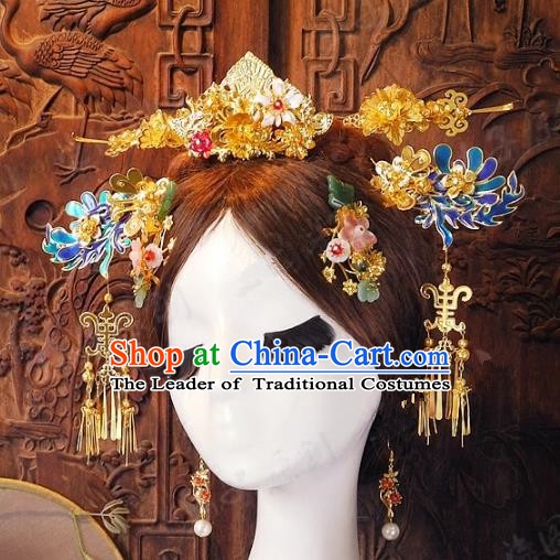 Chinese Handmade Classical Wedding Hairpins Ancient Hanfu Golden Phoenix Coronet Hair Accessories for Women