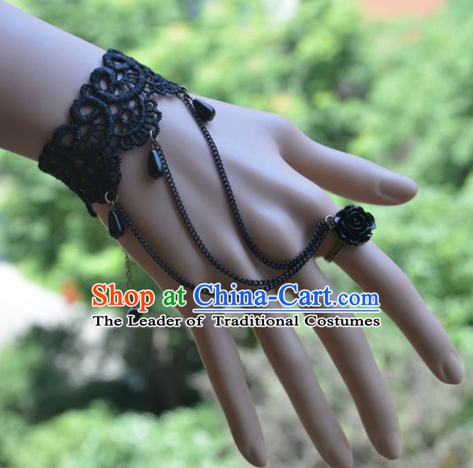 European Western Vintage Jewelry Accessories Renaissance Black Lace Bracelet with Ring for Women
