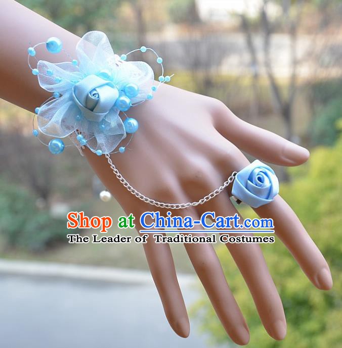 European Western Bride Vintage Jewelry Accessories Renaissance Blue Flower Bracelet with Ring for Women