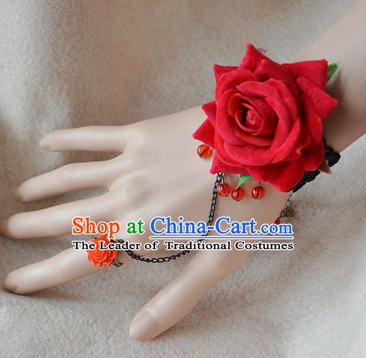 European Western Bride Vintage Jewelry Accessories Renaissance Red Rose Bracelet with Ring for Women