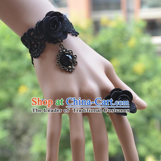 European Western Bride Vintage Jewelry Accessories Renaissance Black Crystal Flower Bracelet and Ring for Women